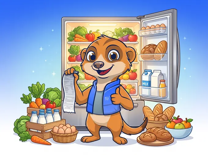 Buddy the meerkat holding a grocery receipt in front of an open, well-stocked fridge