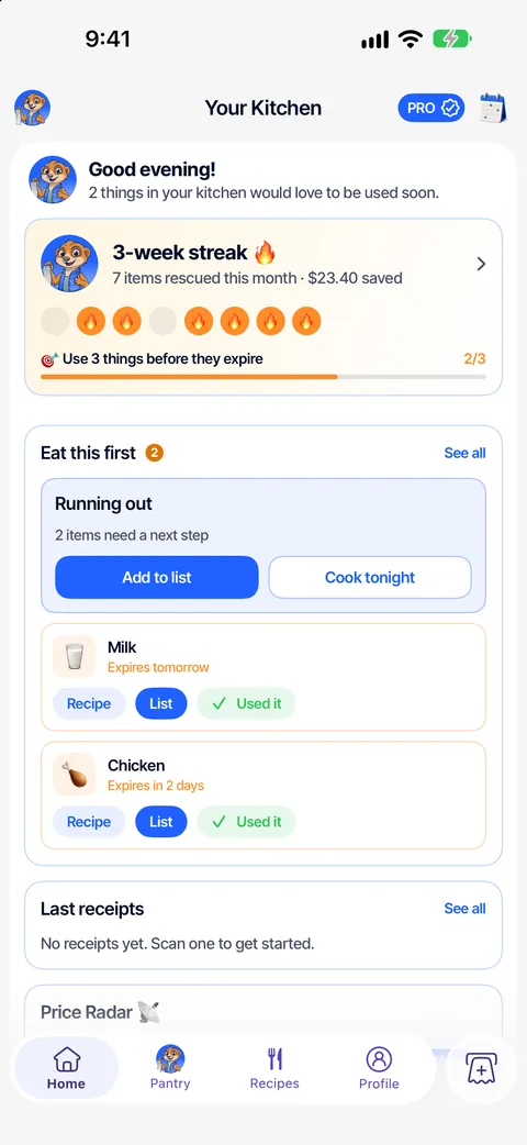 Home screen with the Eat this first list: milk expires tomorrow, chicken in 2 days